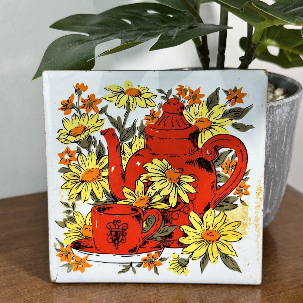 Vintage Weber Trivet Hot Plate Tile Mid Century Floral Teapot Decor 4.25"